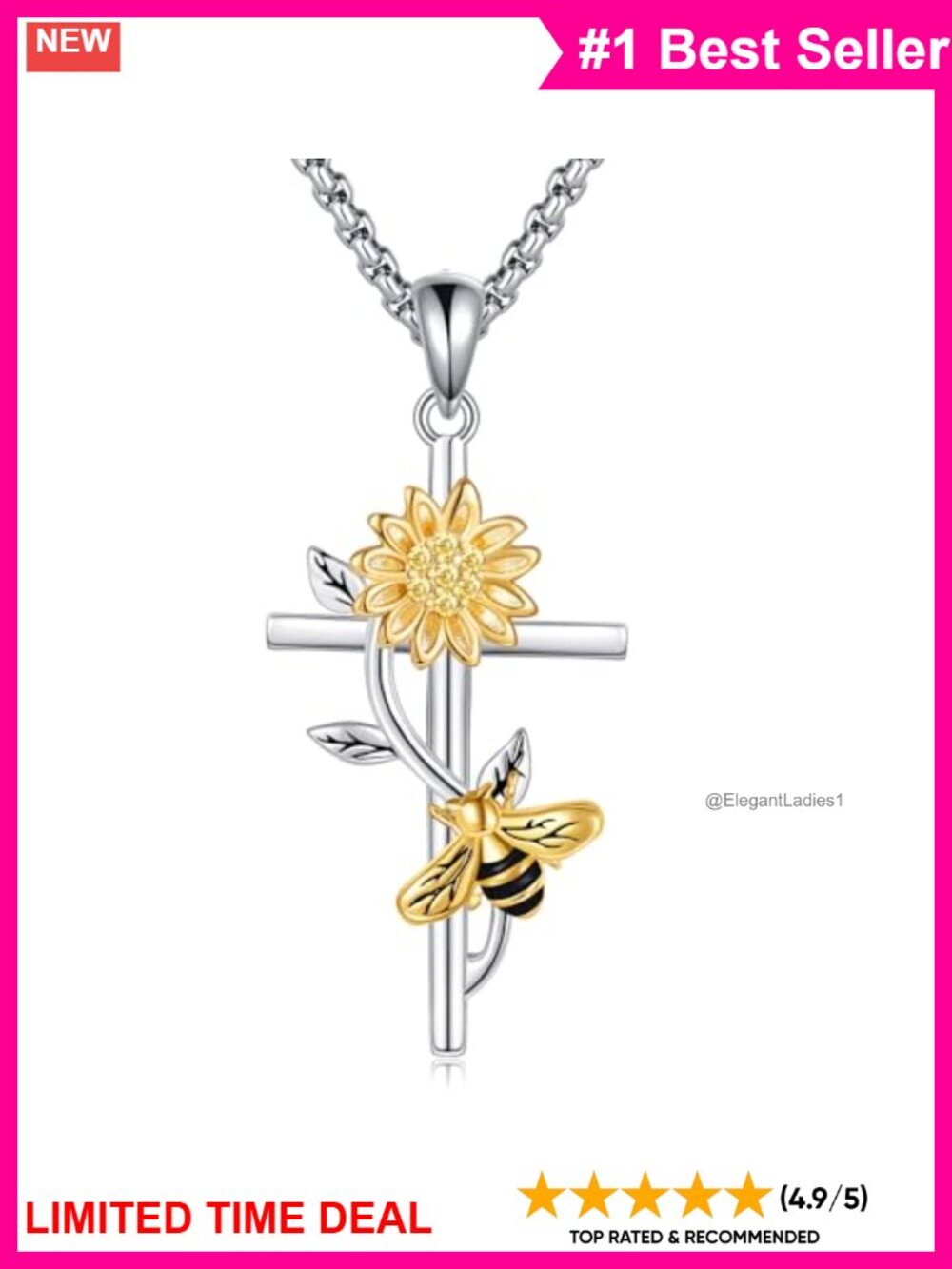 18K White Gold Plated Sunflower Cross Pendant Necklace Bee Jewelry